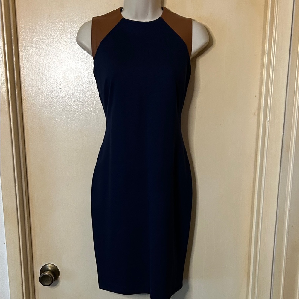 Lauren Ralph Lauren Navy and Brown Faux Leather Business Casual Dress size 2P